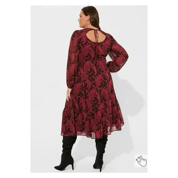 Torrid Burgundy Paisley Clip Dot Tea Length Open Back A-Line Dress Sz.3 NWT Torrid Burgundy Paisley Clip Dot Tea Length Open Back A-Line Dress Sz.3 NWT